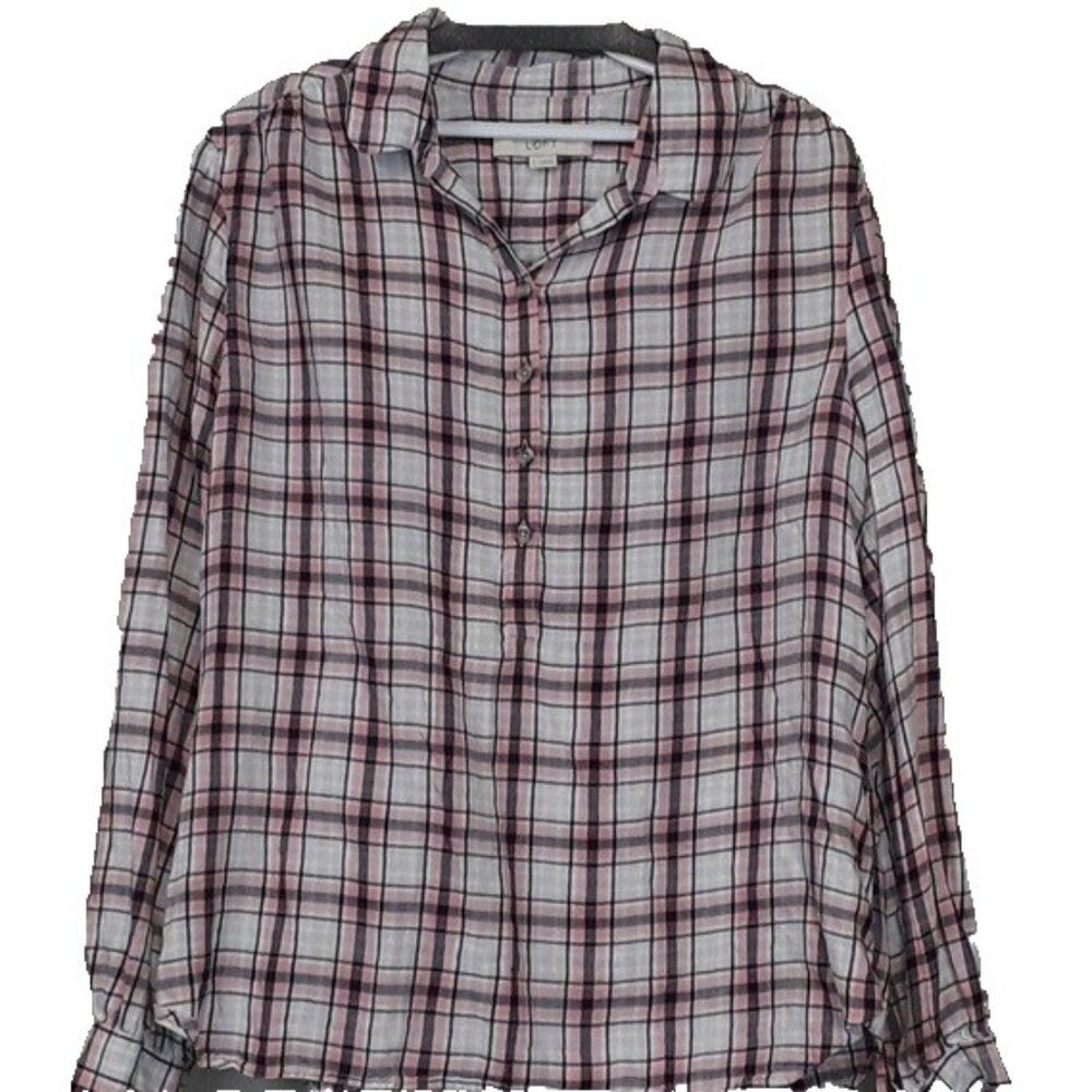 LOFT Womens Plaid Popover Top Large‎ Red White Long Sleeves 1/2 Button Preppy